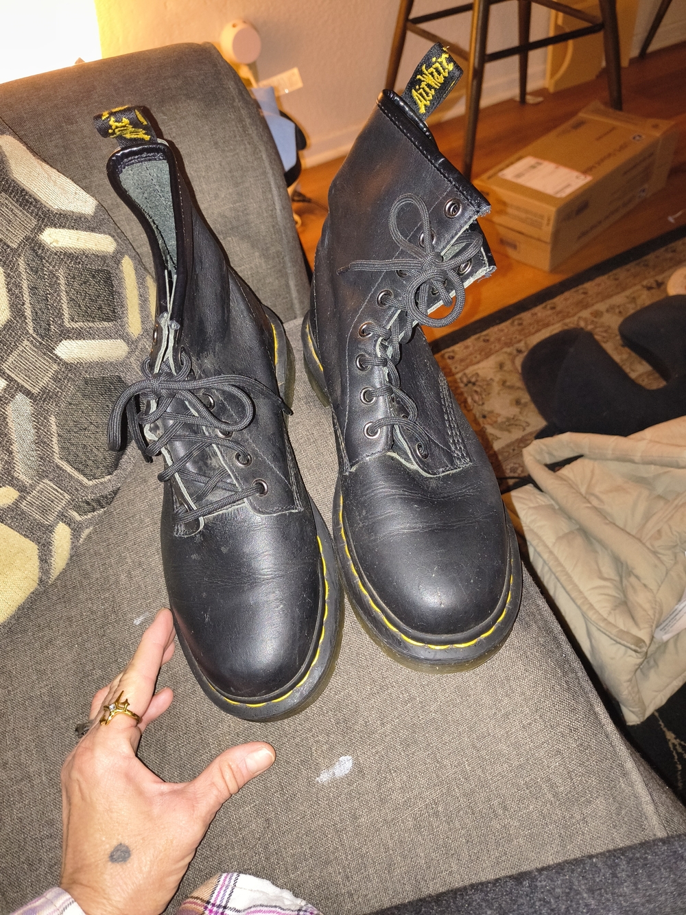 Dr. Martens Black Leather Lace-Up Boots with Yellow Stitching